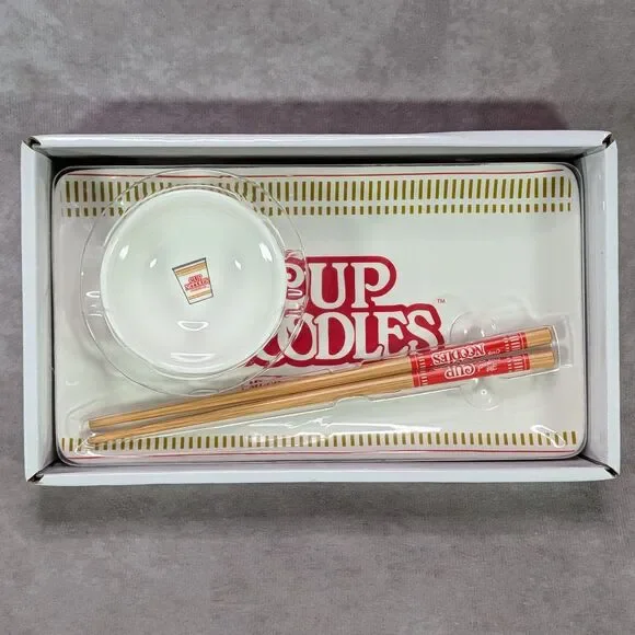 Nissin Cup Noodles Ceramic Sushi Plate Set Sauce Dish Chopsticks Silver Buffalo