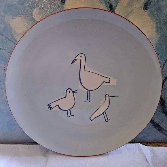 Tag Ceramic Bird Dinner Plate Light Blue Red Rim Coastal Minimalist Shorebirds