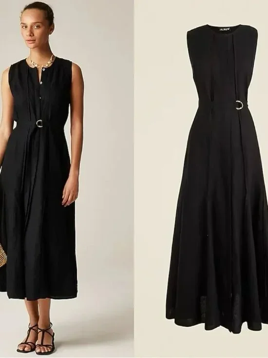 NWT J. Crew Seamed linen dress with removable belt, Black, Size Medium