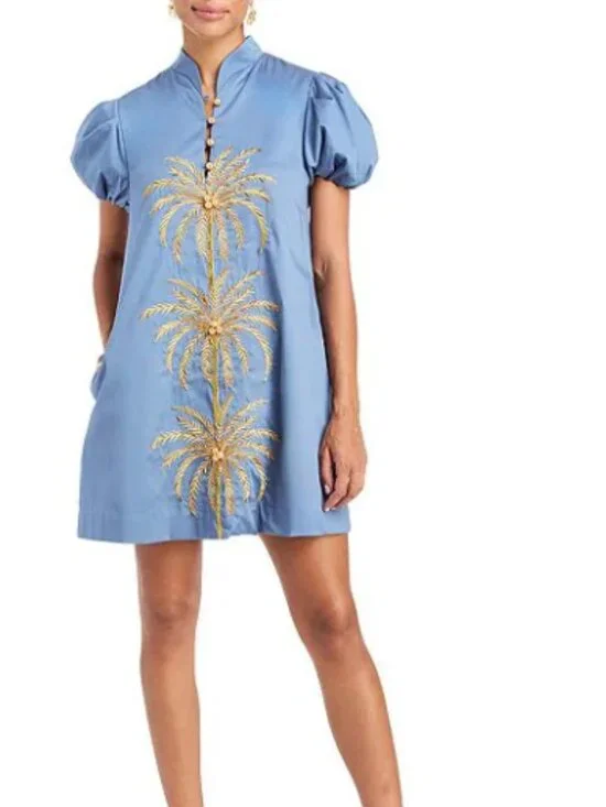 Mestiza New York Elliana Poplin Palm Tree Embroidery Mandarian Collar Short Puff