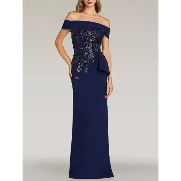Feriani Couture Navy Off Shoulder Gown Size 16 Sequin Evening Dress