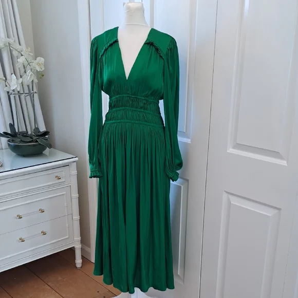 Maje Womens Rianette Smocked Silky Green Party/Wedding‎ Guest Midi Dress 38/6-8
