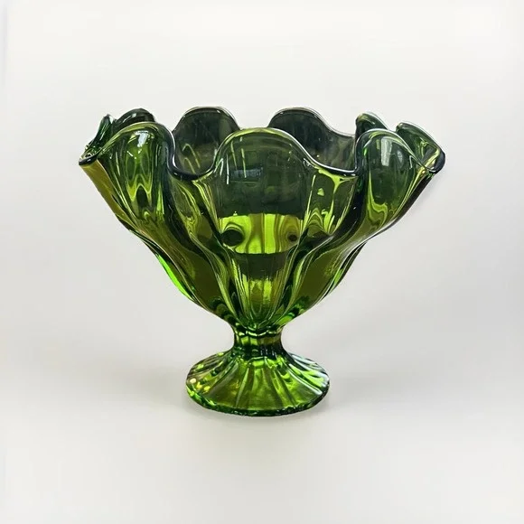 Vintage Emerald Avacodo Green Art Glass Swung Ruffled‎ Pedestal Compote Bowl MCM