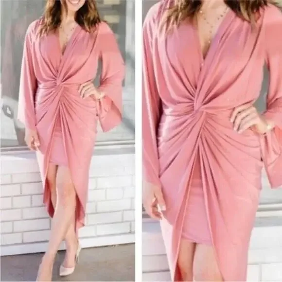 NWT MISA Los Angeles Teget Knot Front Midi Dress Pink Twisted Cocktail Size XS