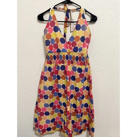 Anthropologie Maeve 100% cotton Halter Vibrant Multi Color Polka Dot Dress 10