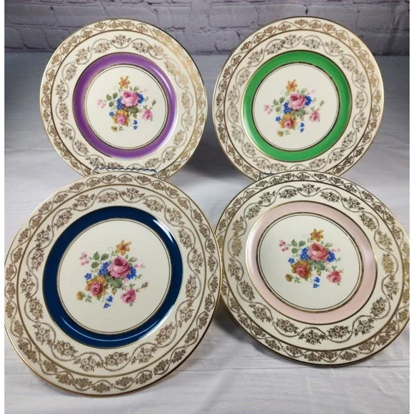 Set Of Four Gorgeous Antique M & R Hand Painted  Floral Bouquet Plates
