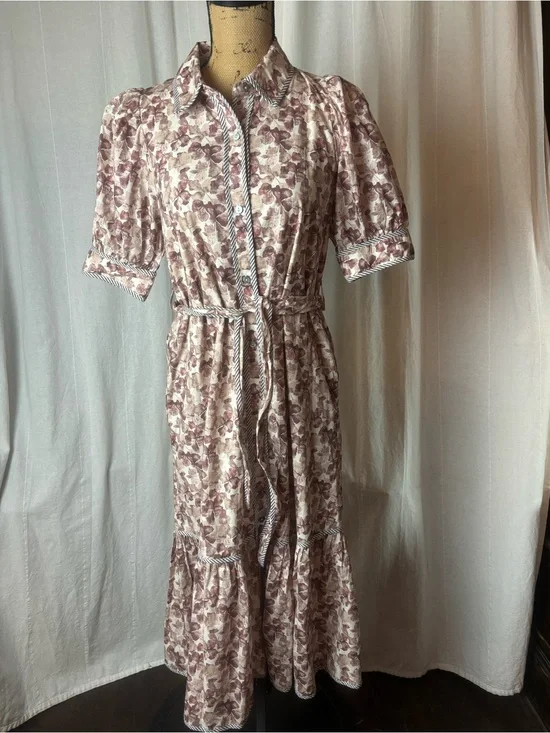 Entro Midnight Mist Brown Floral Midi Dress Shirtwaist Belted Pockets Sz Small
