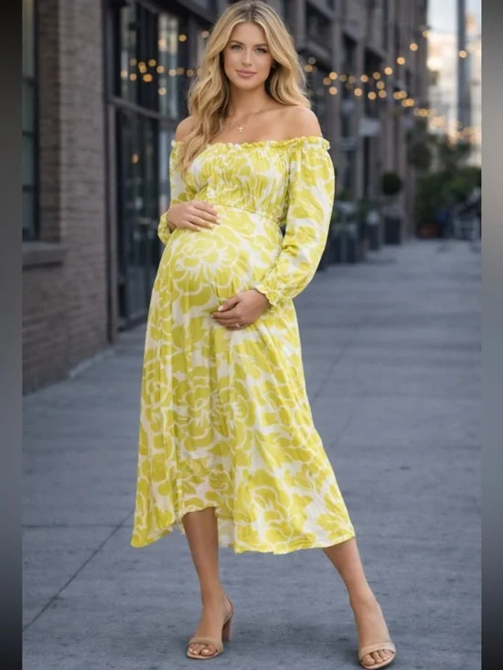 Hutch maternity off shoulder Lime and White Floral Midi Dress 38417