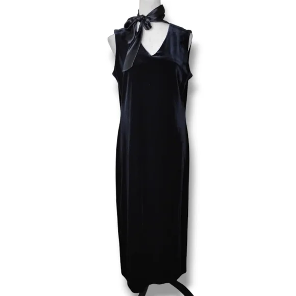 Talbots Vintage Black Velvet Elegant Black Tie Maxi Dress Silk Neck Scarf 12