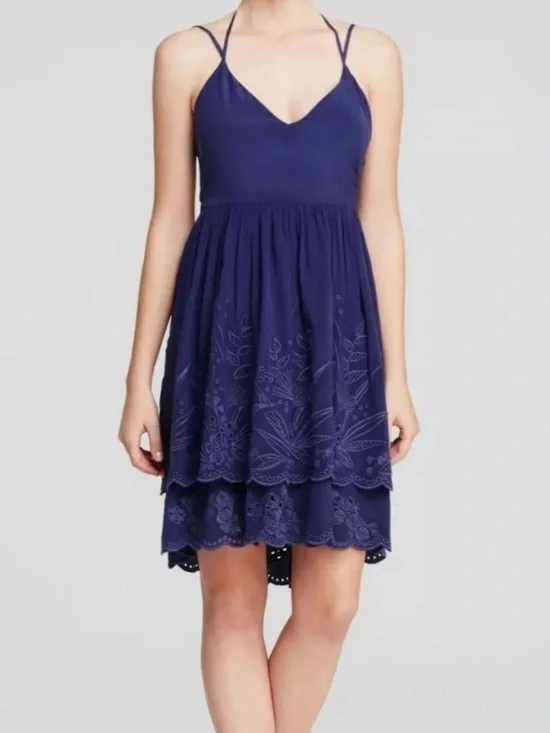 Rebecca Minkoff Women's 8 Blue Dress Belinda Silk Spaghetti Straps Tiered Hem