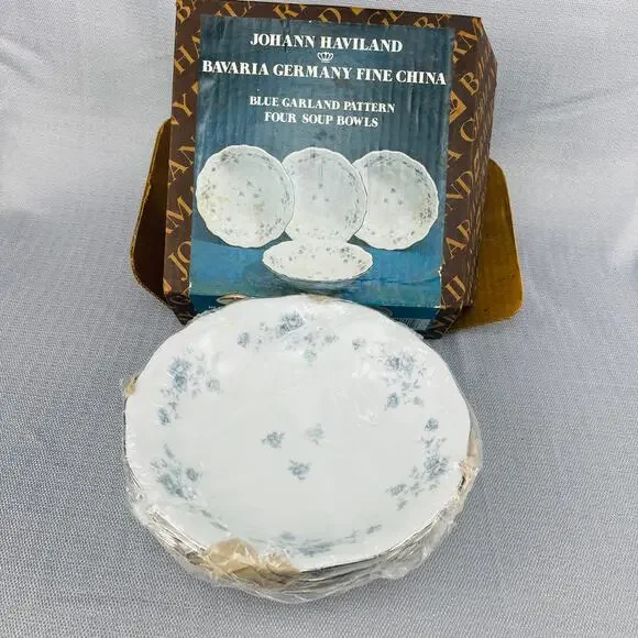 Johann Haviland Four Soup Bowls Blue Garland Pattern Bavaria Germany