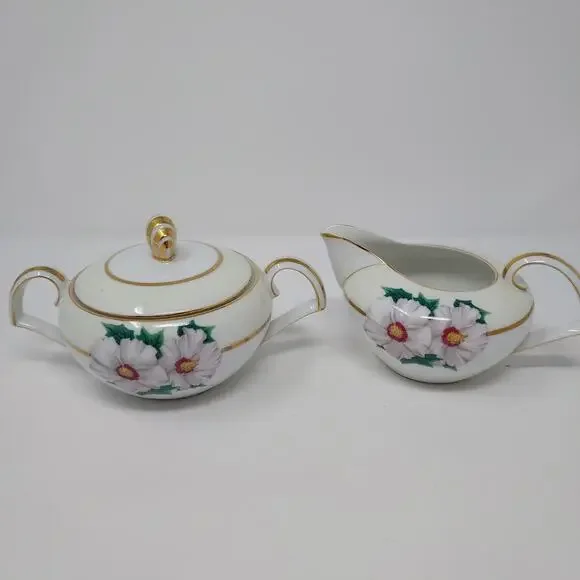 Kent Tropical Pattern Sugar Bowl Lid Creamer Set Occupied Japan Vintage 1950