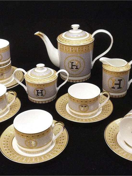 Luxury Gold White Porcelain Tea Set with Monogram H - 6 Cups, service for 6