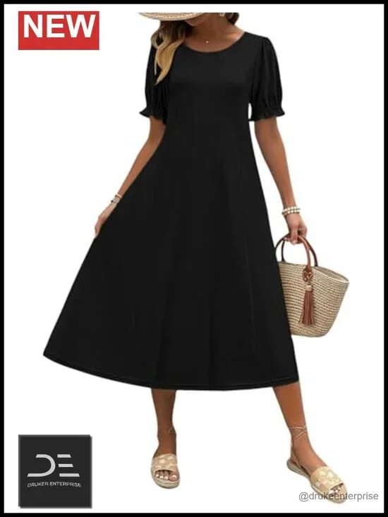 Midi Dress with Puff Sleeves Pleated Flowy Sundress with Pockets