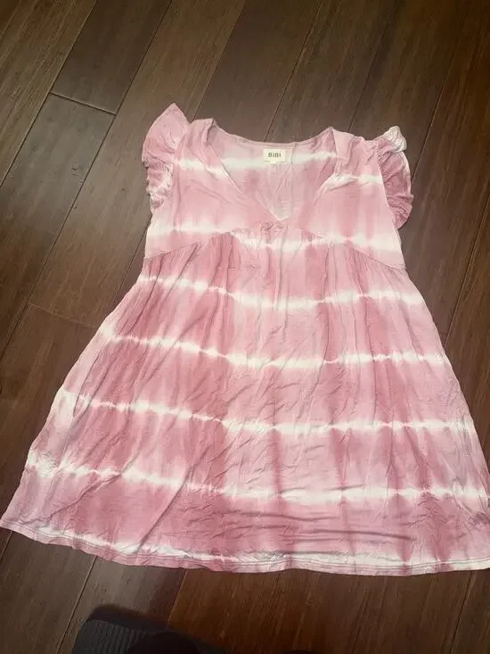 Bibi pink and white horizontal tie-dye babydoll Medium  dress