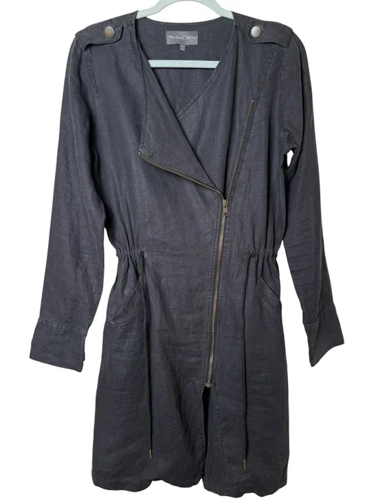 Michael Stars Small LINEN Charcoal Long-Sleeve Asymmetrical Zip Shirt Dress