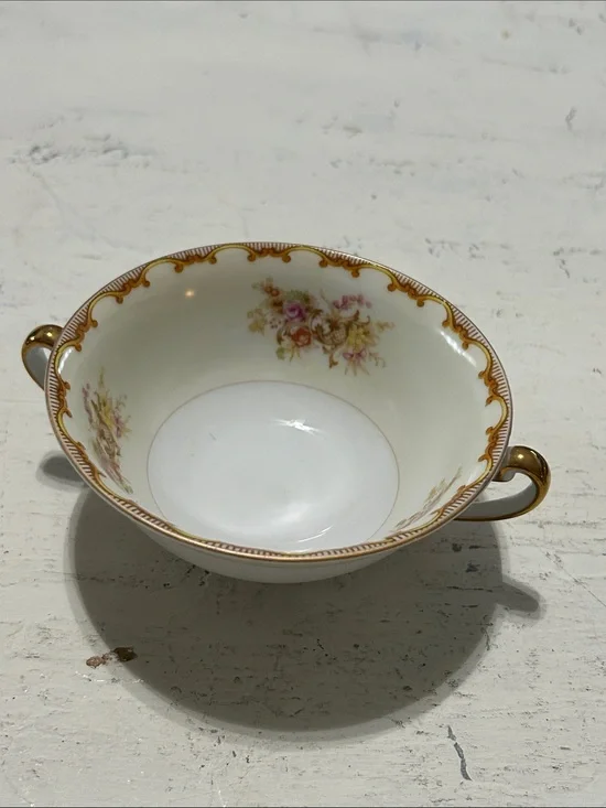Two-Handled Serving Bowl in White with Gold Trim and Floral Accent