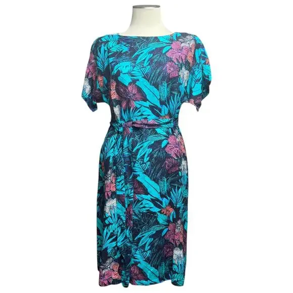 Ann Taylor Loft Linen Tropical Midi Dress Blue Green Pink Purple Small Petite
