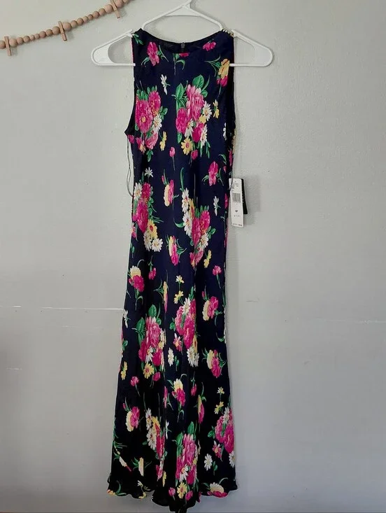 Lauren Ralph Lauren 100% Silk Navy Floral 90's Vintage Midi Dress NWT 4P
