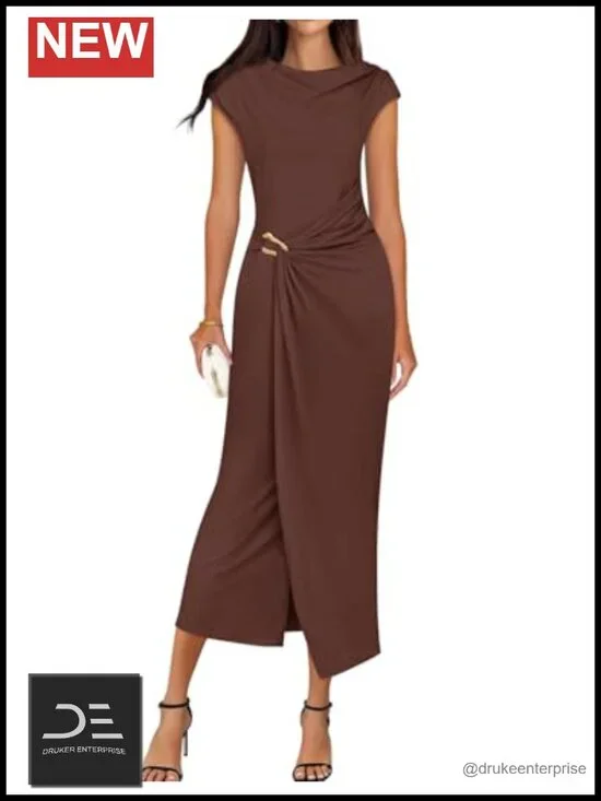 Cap Sleeve Mock Neck Bodycon Midi Dress for Wedding Guest Cocktail Party