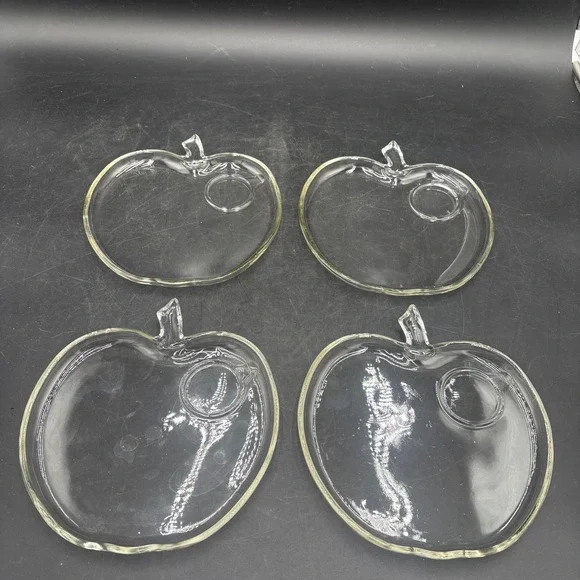 Vtg Hazel Atlas Clear Glass Apple Shaped Snack Plates Set of 4 Luncheon Trays
