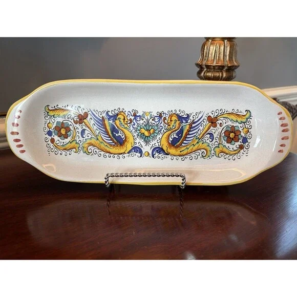Nova Deruta Italian Raffaellesco Pottery Serving Plate Dish Tray Dragons-15”x5.5