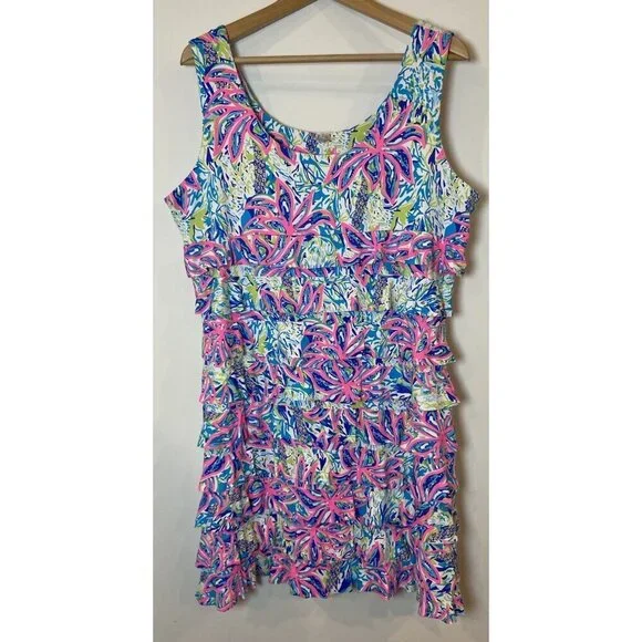 Lulu B Dress Sheath Stretch Ruffle Sleeveless Pink Blue Green XL