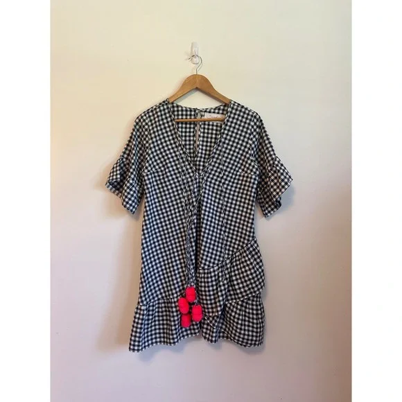 Sundress Gingham Mini Dress in Black and White and Pink Pom Poms | Size XS/S