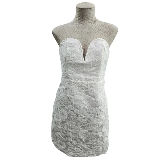 Lulus Floral Jacquard Strapless Mini Dress Women M White V-Neck Bridal Party NEW