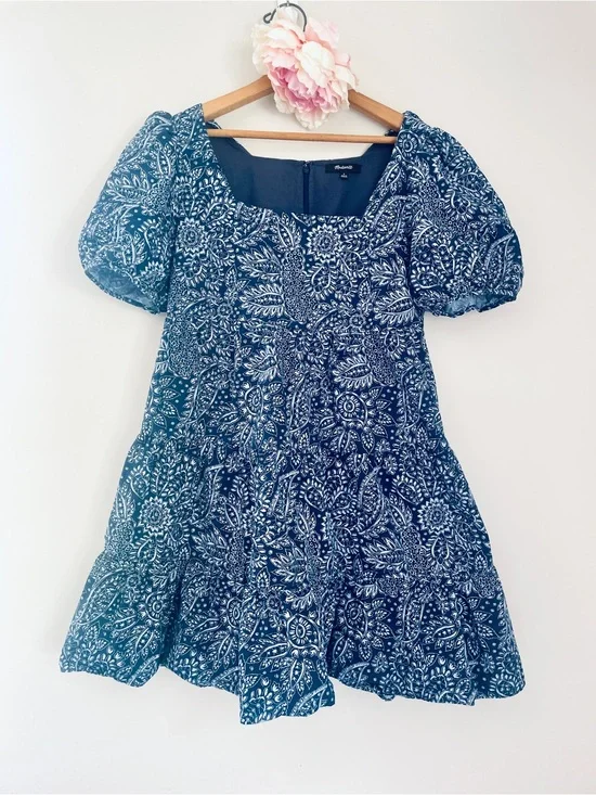Madewell Poplin Puff-Sleeve Tiered Babydoll Dress Paisley Garden Blue White 6