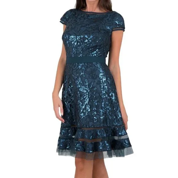 Tadashi Shoji Teal Sequined Fit & Flare Designer Cocktail Dress Size 8