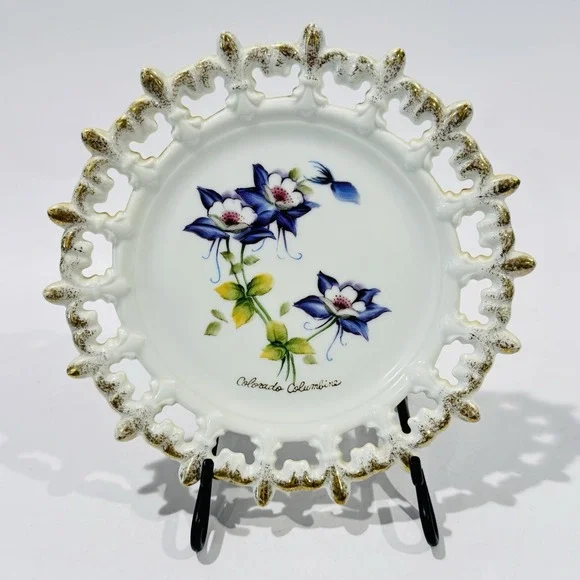 Vintage Decorative Plate of Colorado Columbine Porcelain Lace Edge‎ Gold Trim
