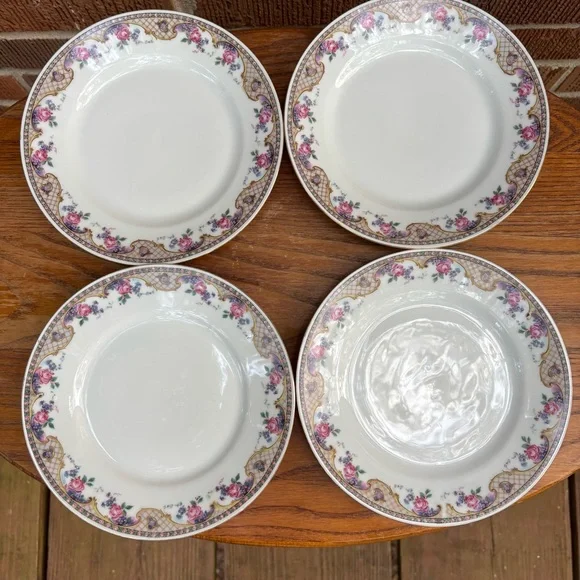Vtg Victoria Czecho-slovakia dessert  plates Pink Roses and gold basket. 4 pc