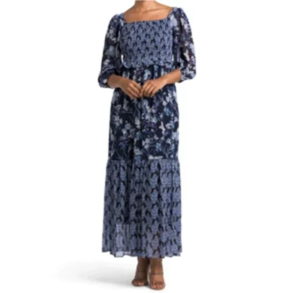 Taylor Floral Tiered Maxi Dress Smocked Tie Back Flowy Blue & White NWT 6P