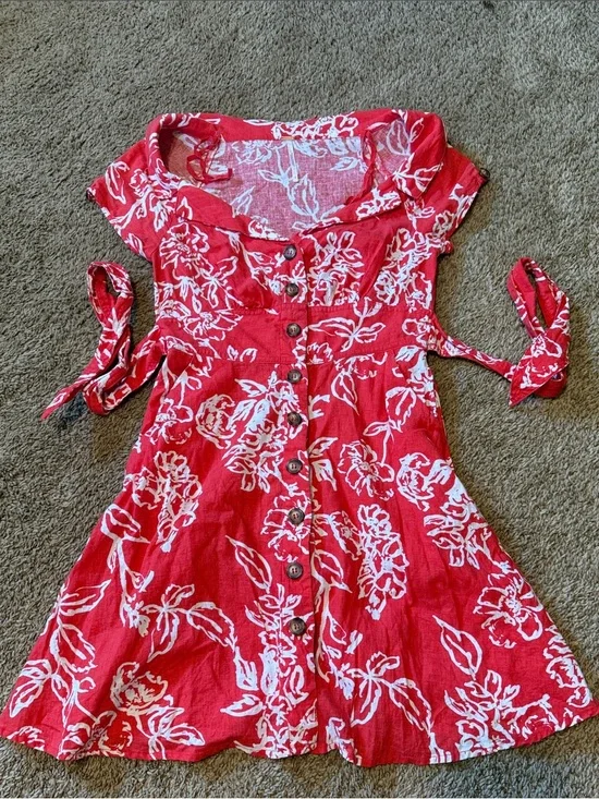 Free People Red and White Floral Button-Front Dress