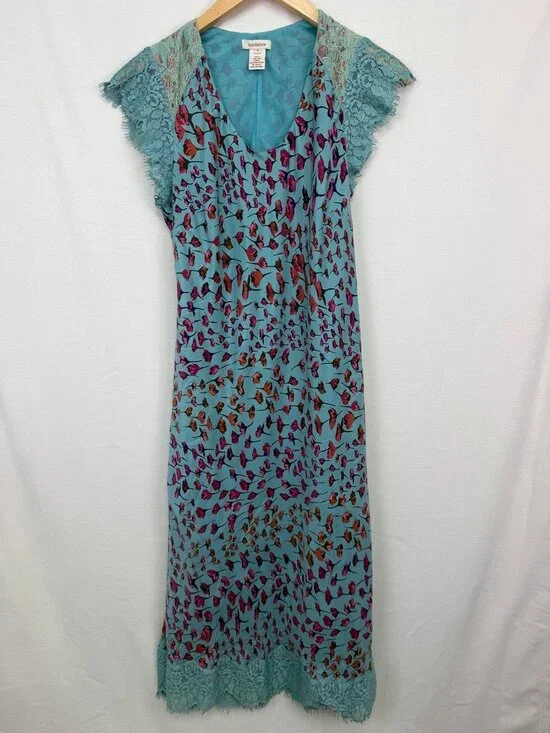 Sundance 100% Silk Lace Cap Sleeve Floral Slip Dress Teal Pink Size 10