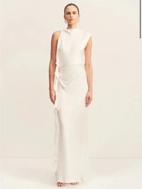 Shona Joy White Sleeveless Gown with Side Ruffle