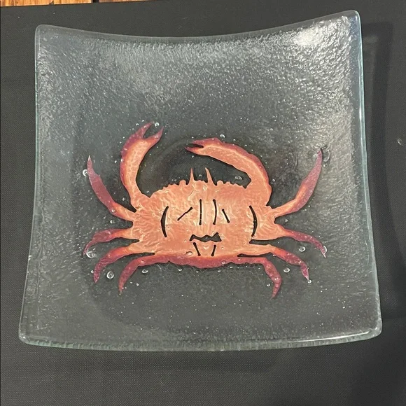 Handcrafted Jones Glassworks Fused Glass Crab Plate | Coastal Art Accent | 6.5