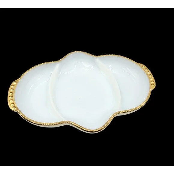 Fire King Anchor Hocking Milk Glass Divided Bright White Dish‎ Gilded Gold Trim