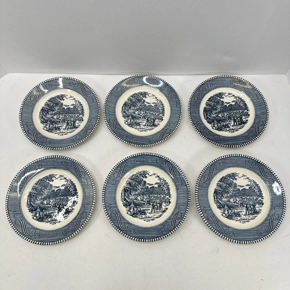 Currier Ives Blue White Bread Plates Set 6 Old Grist Mill Cottagecore Decor