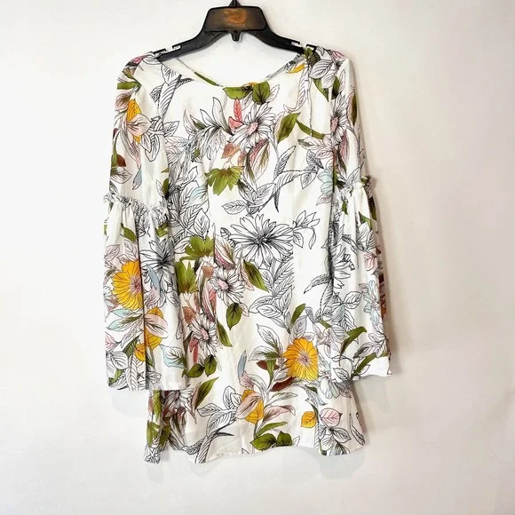 AVANTLOOK Mini Floral Dress Womens Size‎ S White Bell Sleeves V-Back Zip NEW
