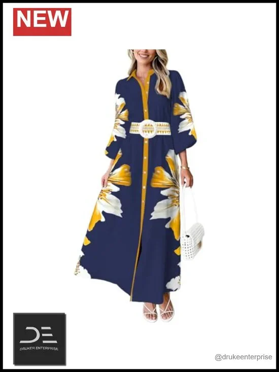 Boho Maxi Dress Long Sleeve Button Down Tie Waist Shirt Dress with Pockets