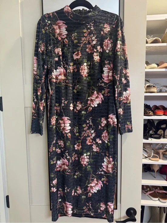 RACHEL Rachel Roy Black Floral Velvet Long-Sleeve Midi Dress