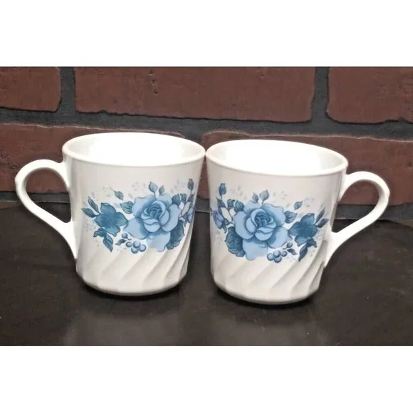 2 Vintage Corning Corelle Mugs Coffee cups Blue Velvet Rose Floral Pattern swirl