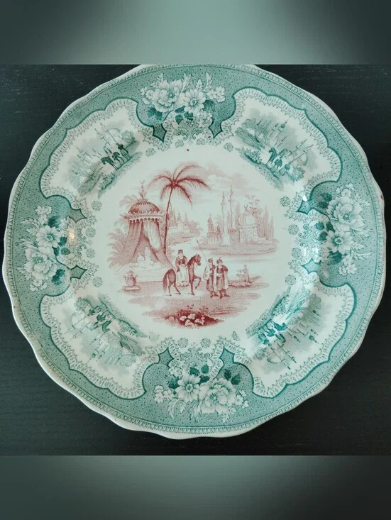 Adams Palestine Red Green Antique Transferware Plate 8.5