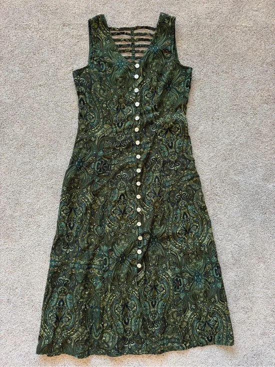 Womens Vintage Sleeveless Green Paisley Button-Front Dress- Size 10
