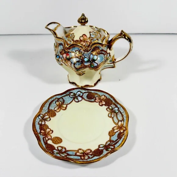 Antique Nippon Syrup Jug & Plate Hand Painted Blue Gold Moriage Flower‎ Signed