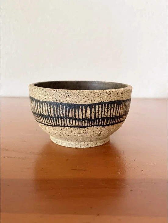 Handmade Ceramic Bowl Speckled Stoneware Boho Sgraffito Style