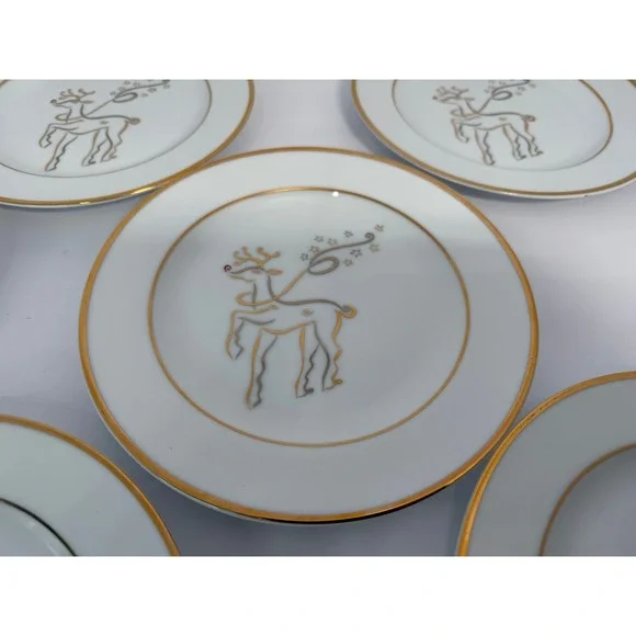 Rudolph Co Christmas Reindeer‎ Appetizer Plates Gold White Set of 8 8 inch