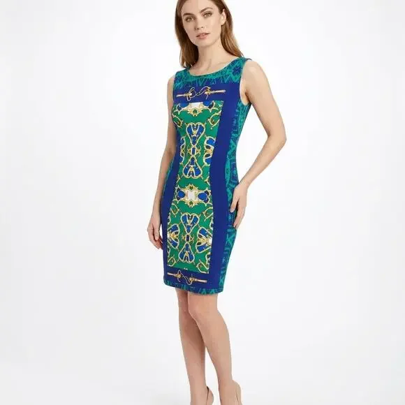 Cache Blue Sheath Knee Length Geometric Dress Women Size M